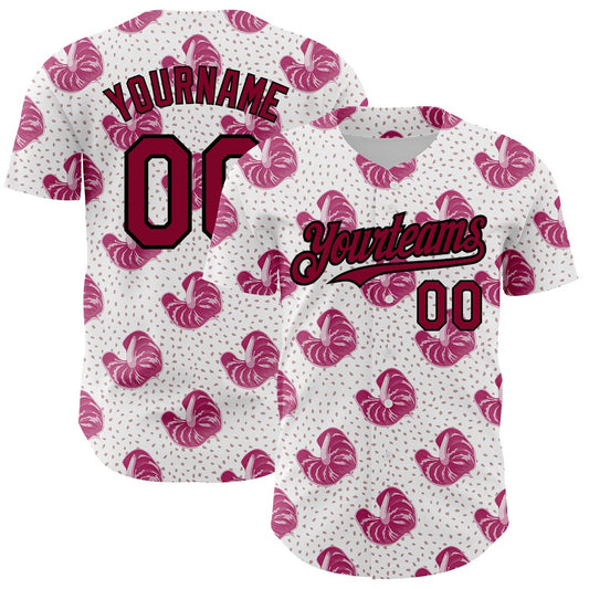 Cool Baseball Jersey, Custom White Maroon Black 3D Pattern Design Tropical Anthurium Flower Authentic Baseball Jersey