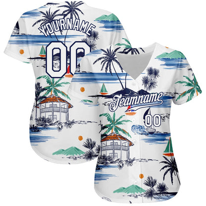 Cool Baseball Jersey, Custom White Navy 3D Pattern Design Hawaii Palm Trees Island And Sailboat Authentic Baseball Jersey