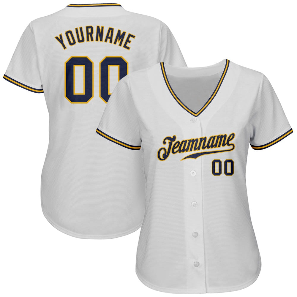 Cool Baseball Jersey, Custom White Navy Gold Authentic Baseball Jersey, Best Baseball Jerseys