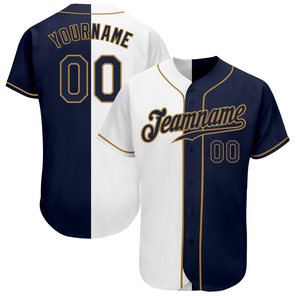 Cool Baseball Jersey, Custom White Navy Old Gold Authentic Split Fashion Baseball Jersey, Best Baseball Jerseys