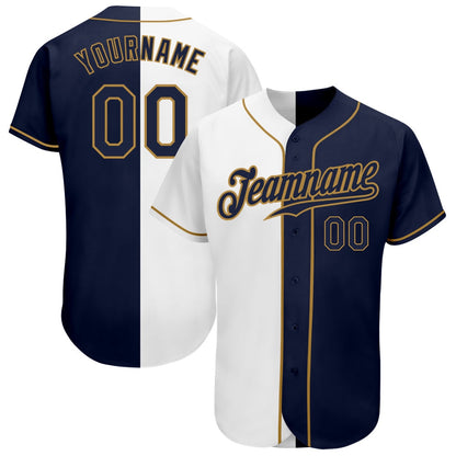 Cool Baseball Jersey, Custom White Navy Old Gold Authentic Split Fashion Baseball Jersey, Best Baseball Jerseys