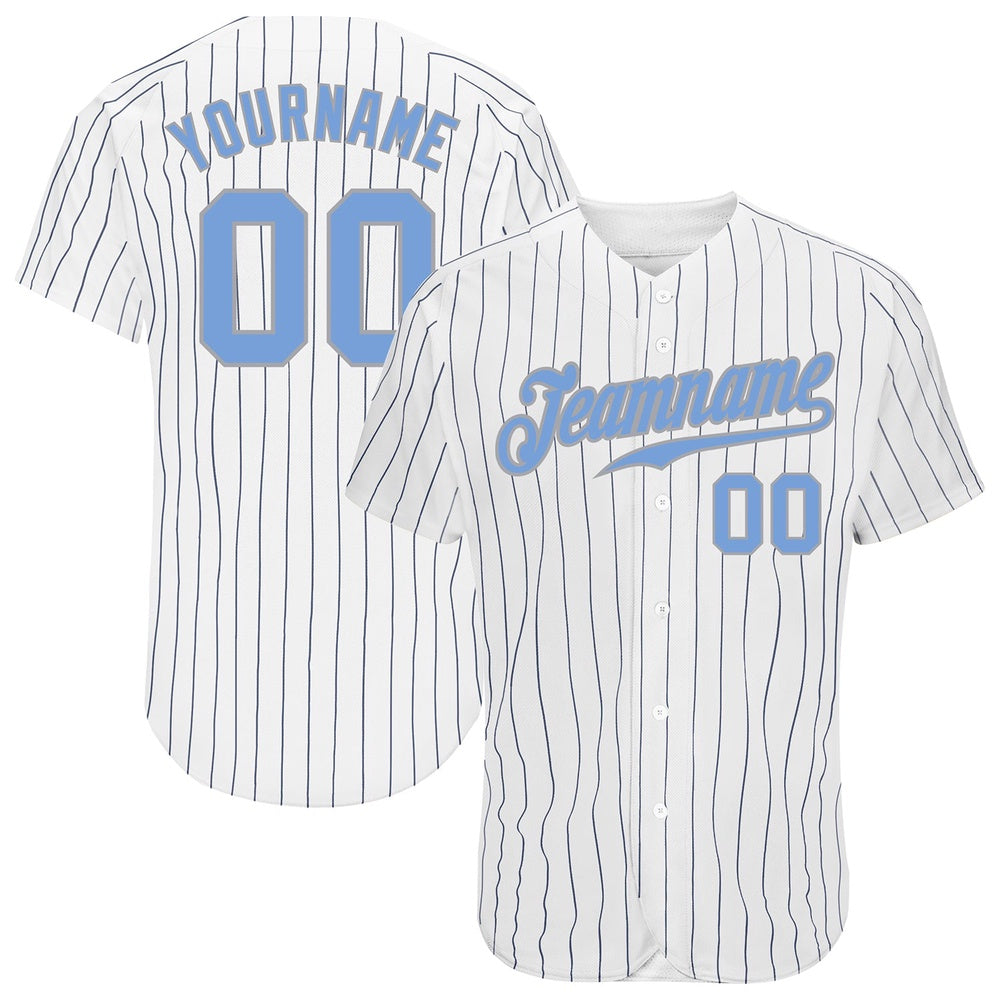 Cool Baseball Jersey, Custom White Navy Pinstripe Light Blue Gray Authentic Baseball Jersey, Best Baseball Jerseys