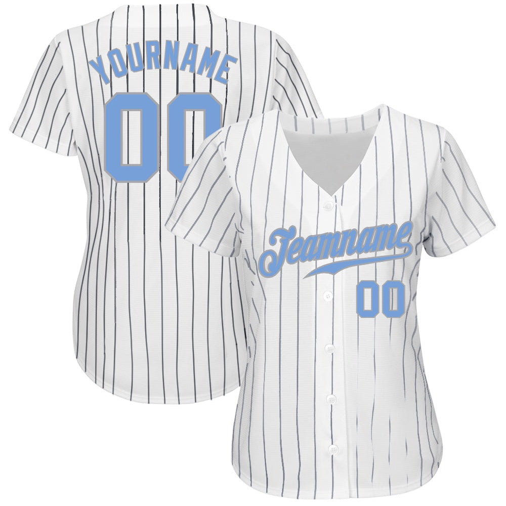 Cool Baseball Jersey, Custom White Navy Pinstripe Light Blue Gray Authentic Baseball Jersey, Best Baseball Jerseys