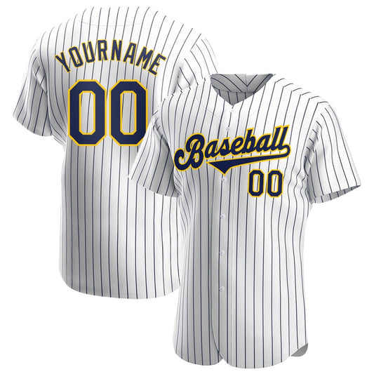 Cool Baseball Jersey, Custom White Navy Pinstripe Navy Gold Authentic Baseball Jersey, Best Baseball Jerseys