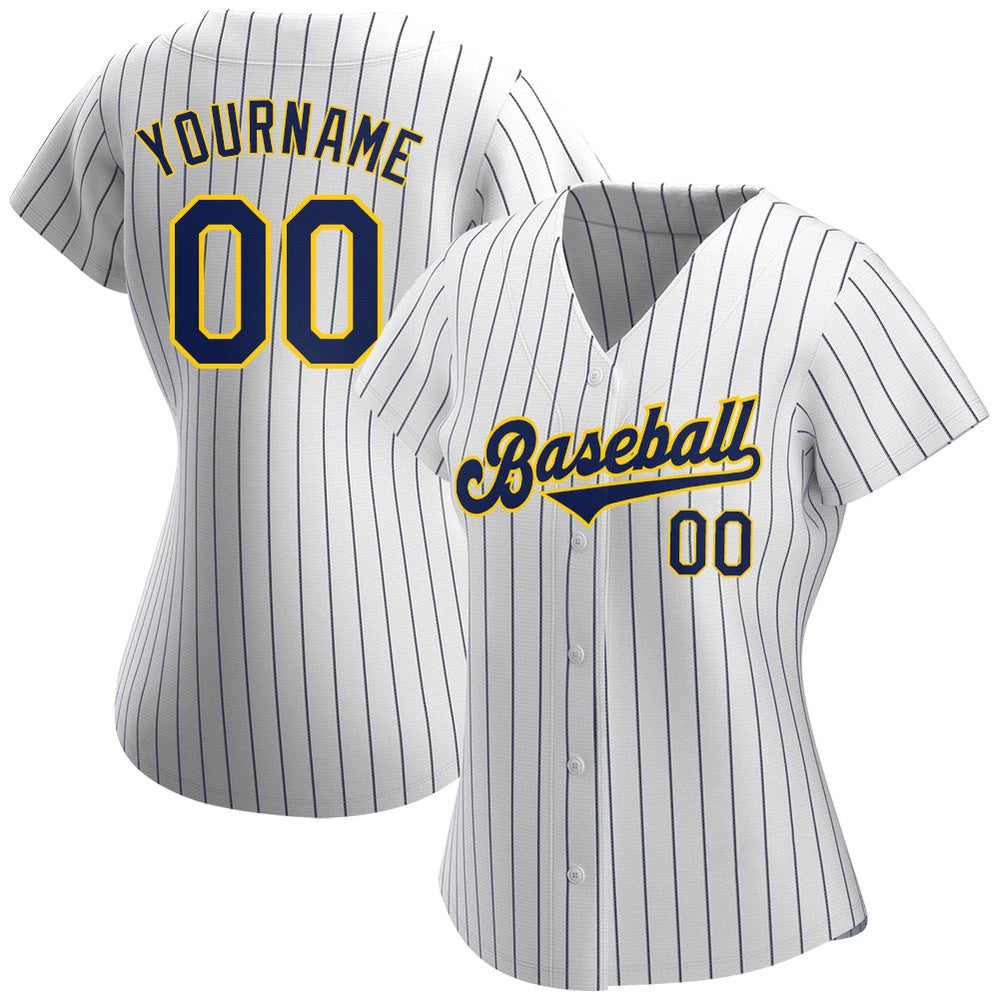 Cool Baseball Jersey, Custom White Navy Pinstripe Navy Gold Authentic Baseball Jersey, Best Baseball Jerseys