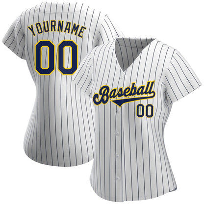 Cool Baseball Jersey, Custom White Navy Pinstripe Navy Gold Authentic Baseball Jersey, Best Baseball Jerseys