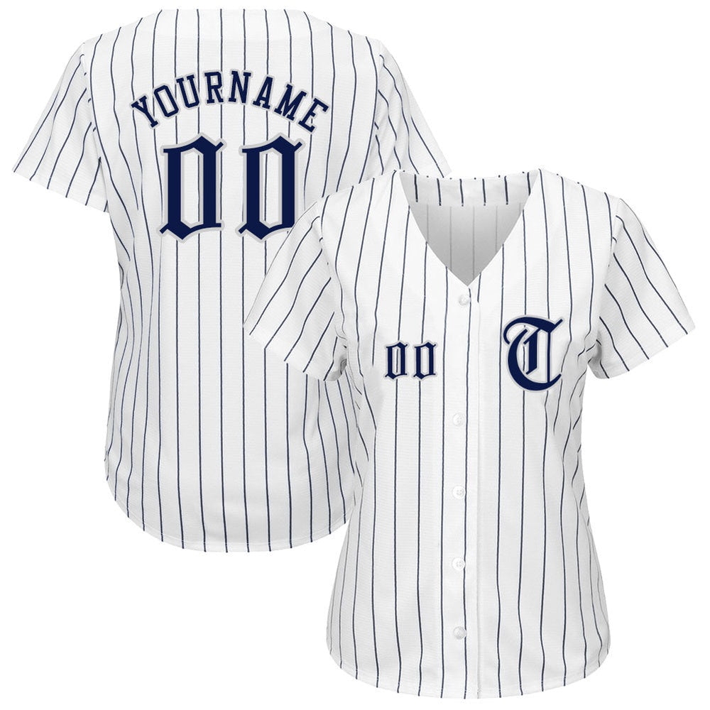 Cool Baseball Jersey, Custom White Navy Pinstripe Navy Gray Authentic Baseball Jersey, Best Baseball Jerseys