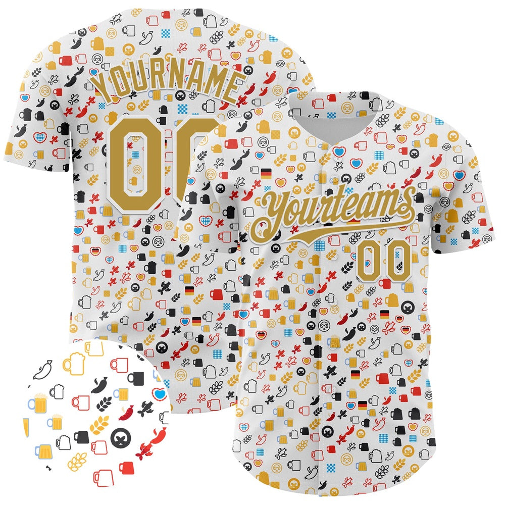 Cool Baseball Jersey, Custom White Old Gold 3D Pattern Design Beer Festival Authentic Baseball Jersey, Best Baseball Jerseys