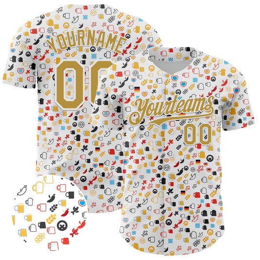 Cool Baseball Jersey, Custom White Old Gold 3D Pattern Design Beer Festival Authentic Baseball Jersey, Best Baseball Jerseys