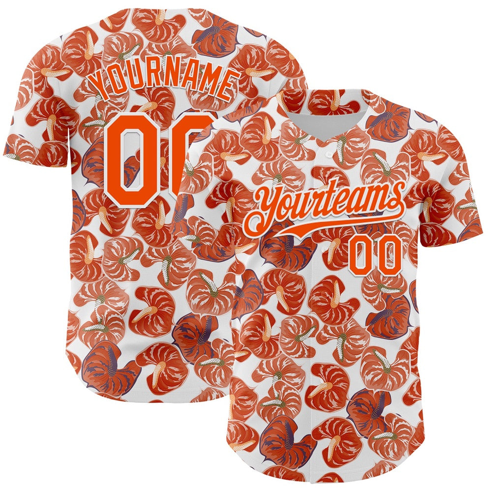 Cool Baseball Jersey, Custom White Orange 3D Pattern Design Tropical Anthurium Flower Authentic Baseball Jersey, Best Baseball Jerseys