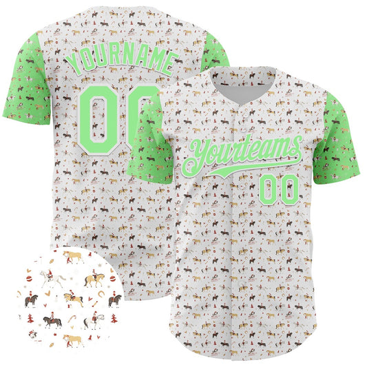Cool Baseball Jersey, Custom White Pea Green 3D Pattern Design Rodeo Cowboy Authentic Baseball Jersey, Best Baseball Jerseys