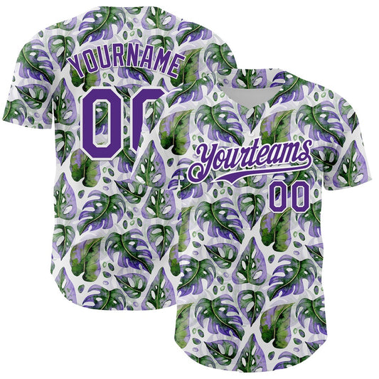 Cool Baseball Jersey, Custom White Purple 3D Pattern Design Tropical Monstera Authentic Baseball Jersey, Best Baseball Jerseys