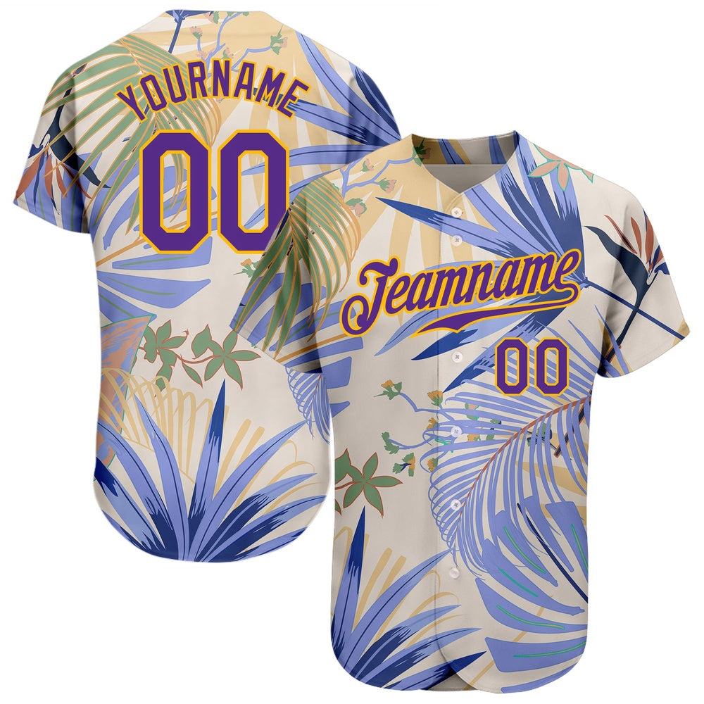 Cool Baseball Jersey, Custom White Purple Gold 3D Pattern Design Hawaii Palm Leaves And Flowers Authentic Baseball Jersey