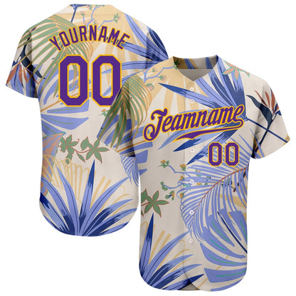 Cool Baseball Jersey, Custom White Purple Gold 3D Pattern Design Hawaii Palm Leaves And Flowers Authentic Baseball Jersey