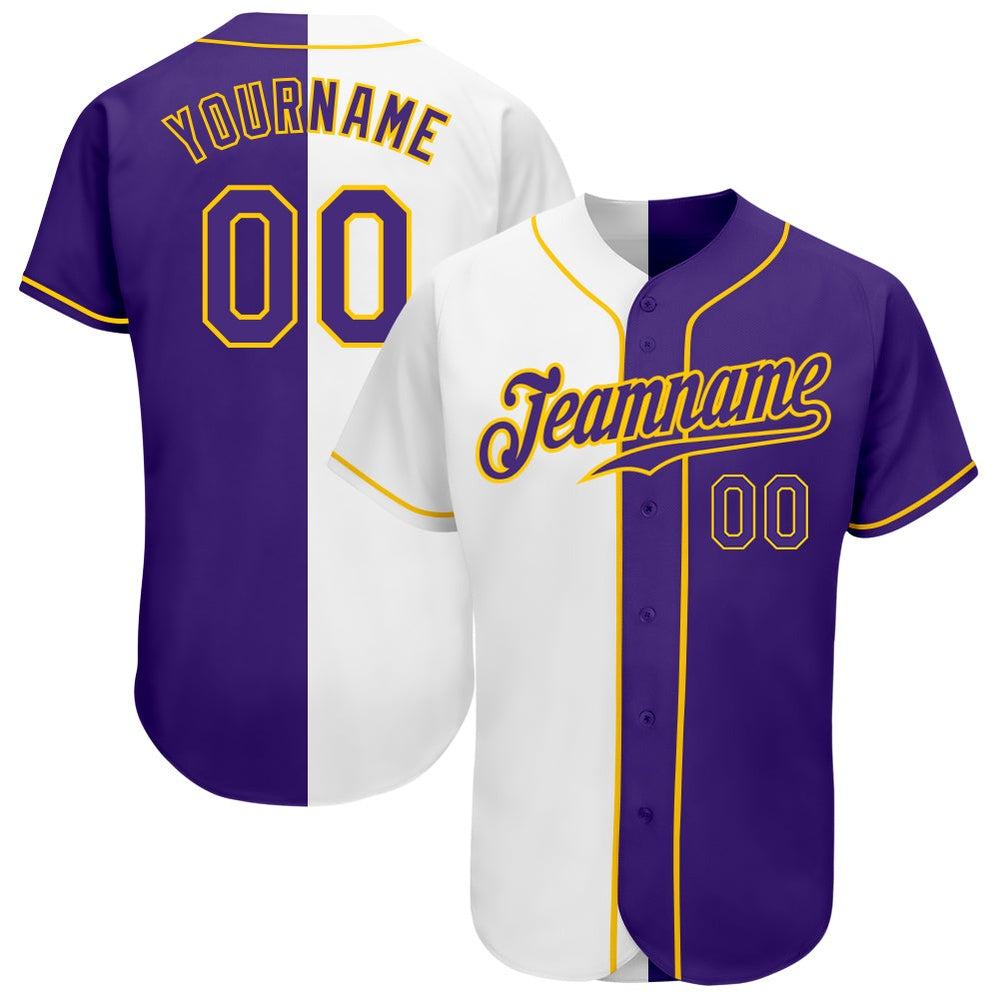 Cool Baseball Jersey, Custom White Purple Gold Authentic Split Fashion Baseball Jersey, Best Baseball Jerseys