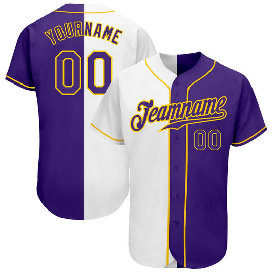 Cool Baseball Jersey, Custom White Purple Gold Authentic Split Fashion Baseball Jersey, Best Baseball Jerseys