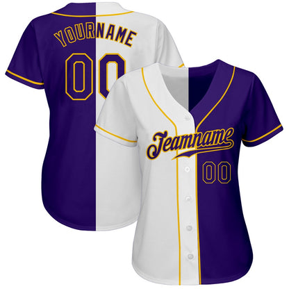 Cool Baseball Jersey, Custom White Purple Gold Authentic Split Fashion Baseball Jersey, Best Baseball Jerseys
