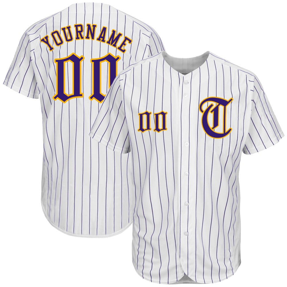 Cool Baseball Jersey, Custom White Purple Pinstripe Purple Gold Authentic Baseball Jersey, Best Baseball Jerseys