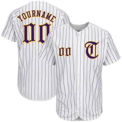 Cool Baseball Jersey, Custom White Purple Pinstripe Purple Gold Authentic Baseball Jersey, Best Baseball Jerseys