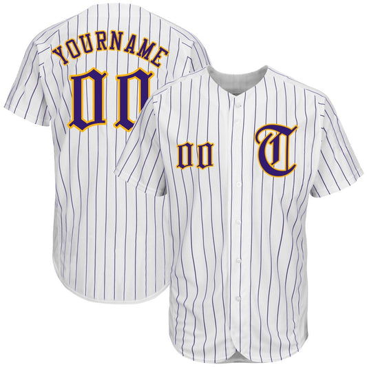 Cool Baseball Jersey, Custom White Purple Pinstripe Purple Gold Authentic Baseball Jersey, Best Baseball Jerseys