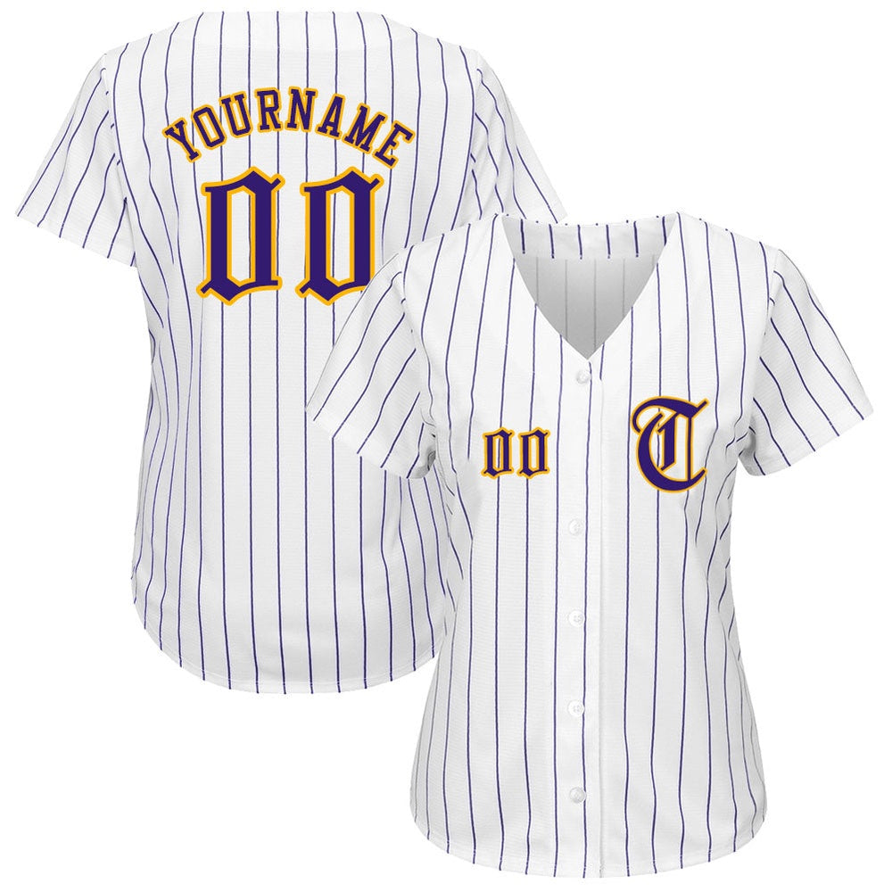 Cool Baseball Jersey, Custom White Purple Pinstripe Purple Gold Authentic Baseball Jersey, Best Baseball Jerseys