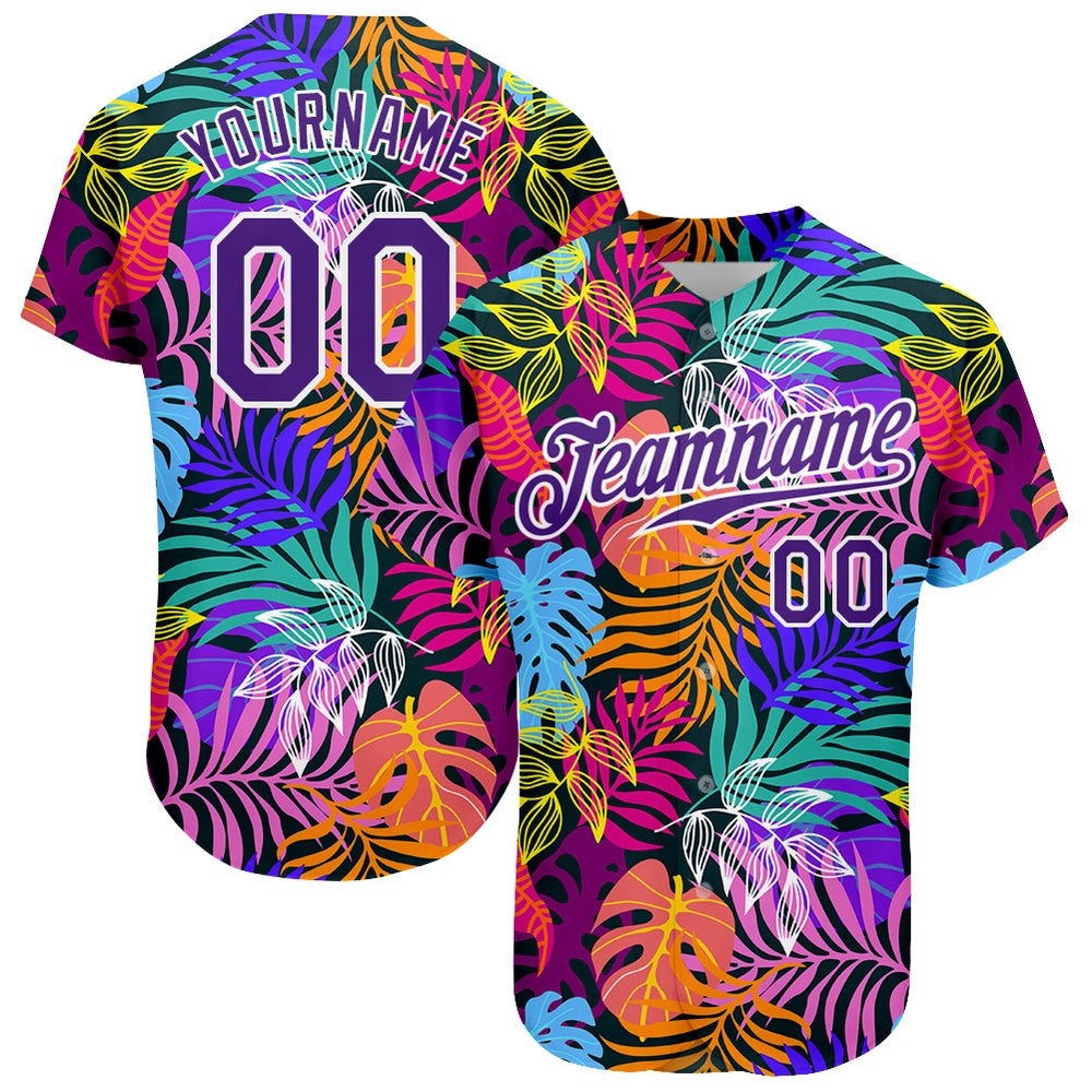 Cool Baseball Jersey, Custom White Purple White 3D Pattern Design Hawaii Palm Trees Authentic Baseball Jersey, Best Baseball Jerseys