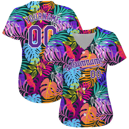 Cool Baseball Jersey, Custom White Purple White 3D Pattern Design Hawaii Palm Trees Authentic Baseball Jersey, Best Baseball Jerseys