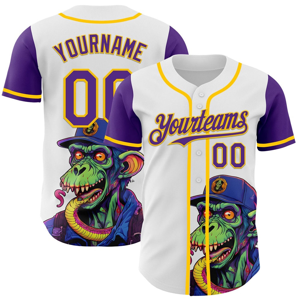 Cool Baseball Jersey, Custom White Purple Yellow 3D Pattern Design Rave Monster Authentic Baseball Jersey, Best Baseball Jerseys