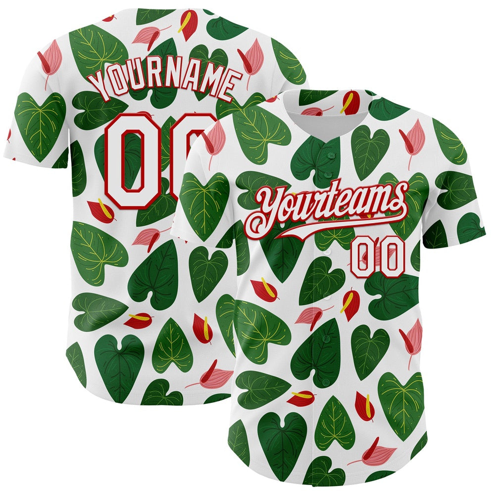 Cool Baseball Jersey, Custom White Red 3D Pattern Design Tropical Anthurium Flower Authentic Baseball Jersey, Best Baseball Jerseys