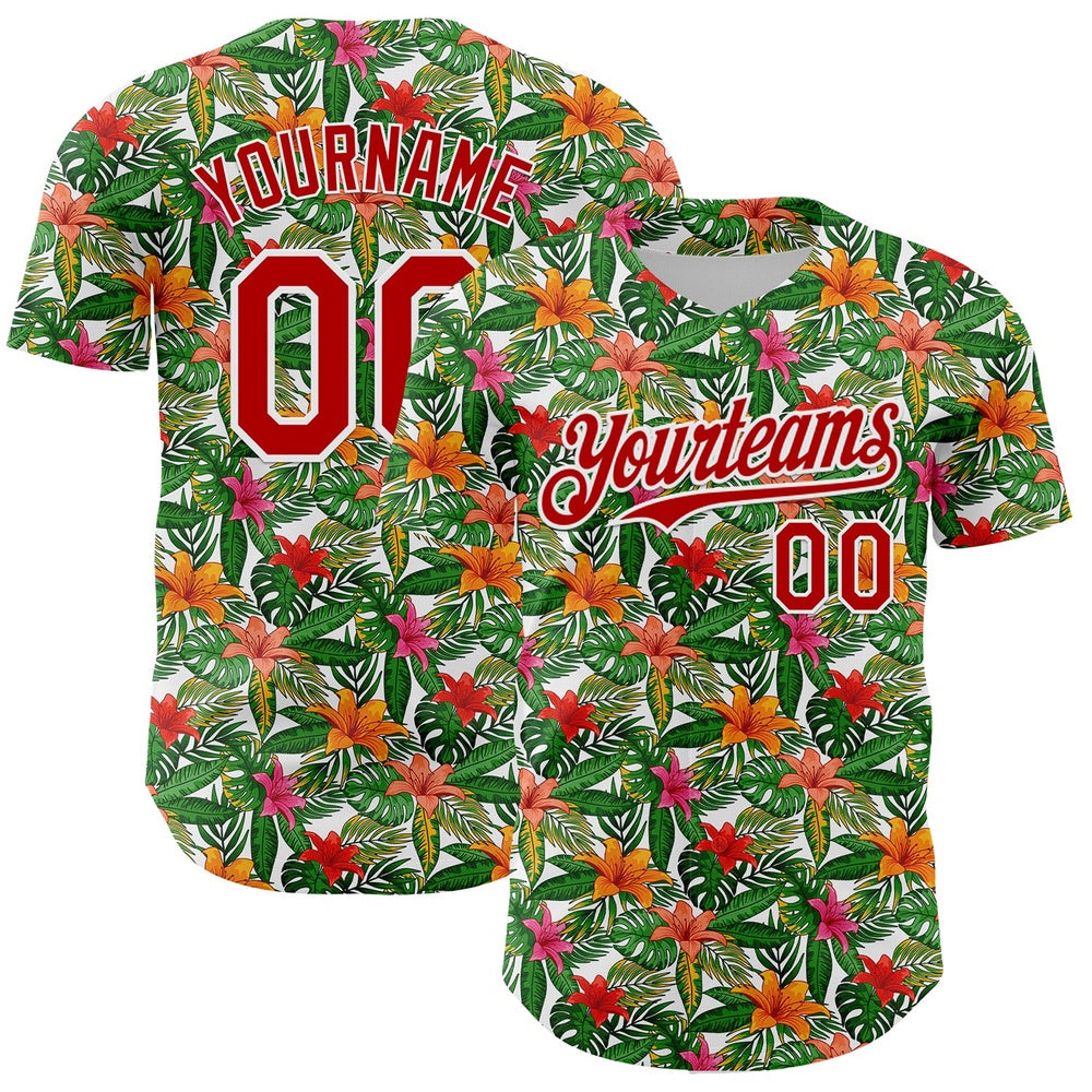 Cool Baseball Jersey, Custom White Red 3D Pattern Design Tropical Flower Authentic Baseball Jersey, Best Baseball Jerseys