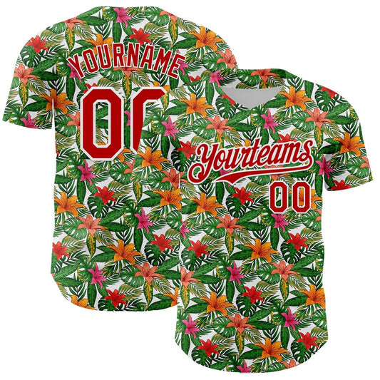 Cool Baseball Jersey, Custom White Red 3D Pattern Design Tropical Flower Authentic Baseball Jersey, Best Baseball Jerseys