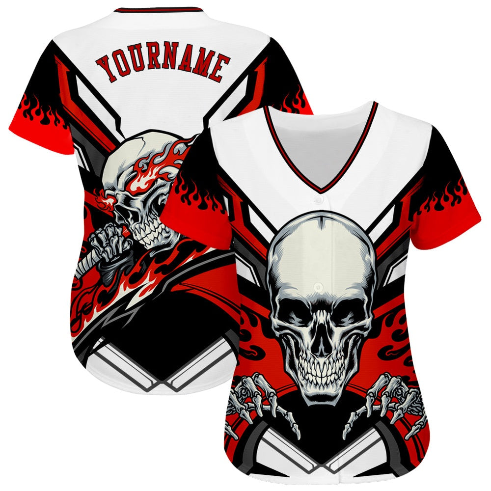 Cool Baseball Jersey, Custom White Red Black 3D Skull Authentic Baseball Jersey, Best Baseball Jerseys