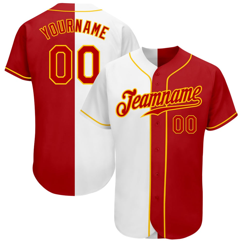 Cool Baseball Jersey, Custom White Red Gold Authentic Split Fashion Baseball Jersey, Best Baseball Jerseys