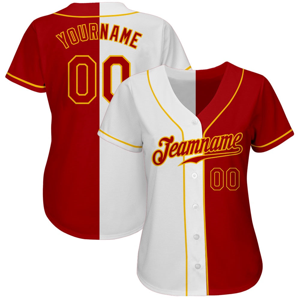 Cool Baseball Jersey, Custom White Red Gold Authentic Split Fashion Baseball Jersey, Best Baseball Jerseys