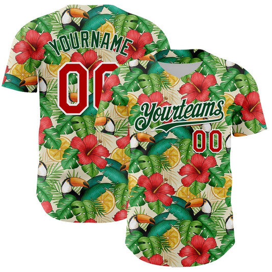 Cool Baseball Jersey, Custom White Red Green 3D Pattern Design Tropical Plant And Bird Authentic Baseball Jersey, Best Baseball Jerseys