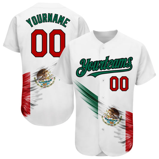 Cool Baseball Jersey, Custom White Red Kelly Green Black 3D The Abstract Wing With Mexican Flag Authentic Baseball Jersey