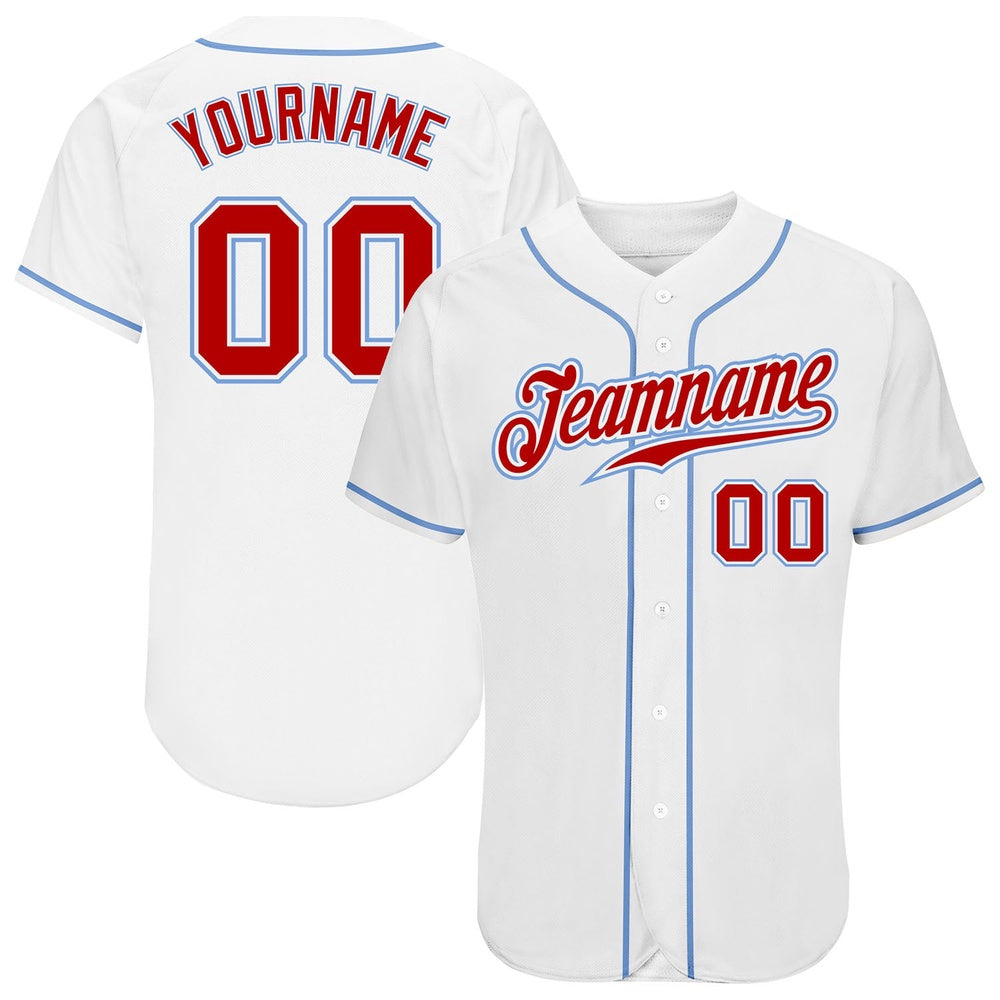 Cool Baseball Jersey, Custom White Red Light Blue Authentic Baseball Jersey, Best Baseball Jerseys