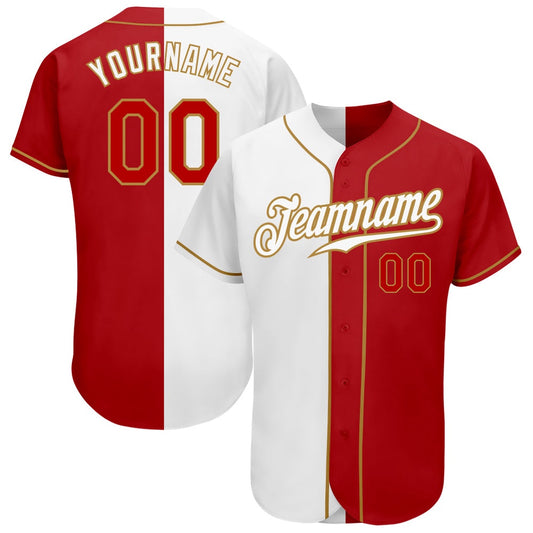 Cool Baseball Jersey, Custom White Red Old Gold Authentic Split Fashion Baseball Jersey, Best Baseball Jerseys