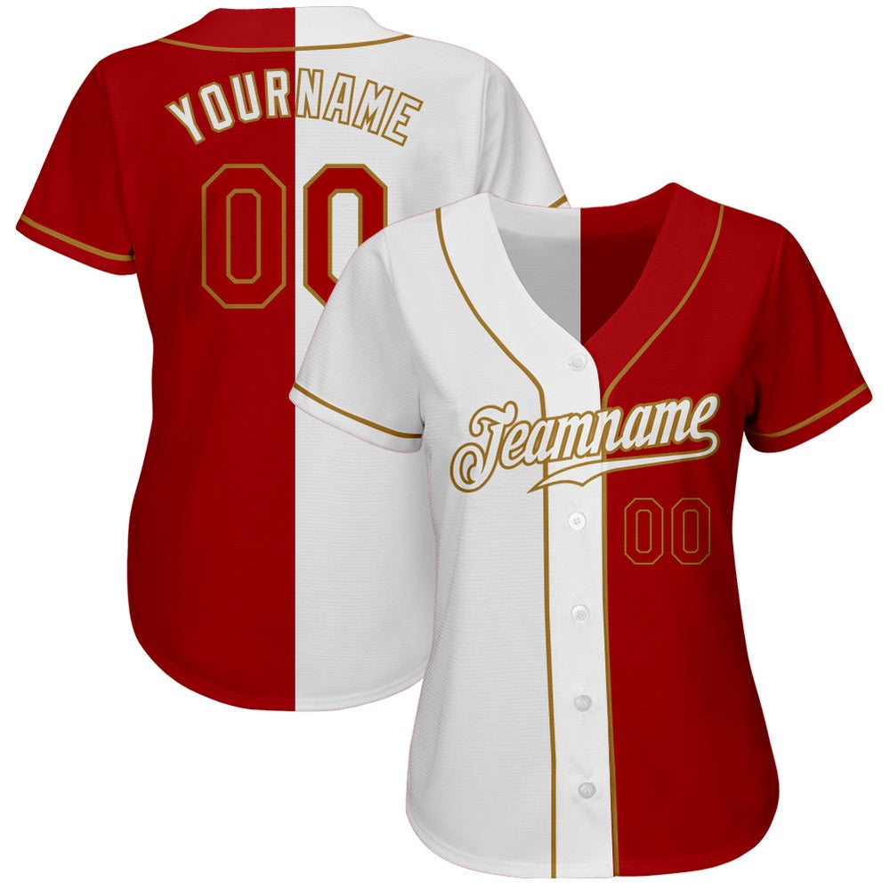 Cool Baseball Jersey, Custom White Red Old Gold Authentic Split Fashion Baseball Jersey, Best Baseball Jerseys