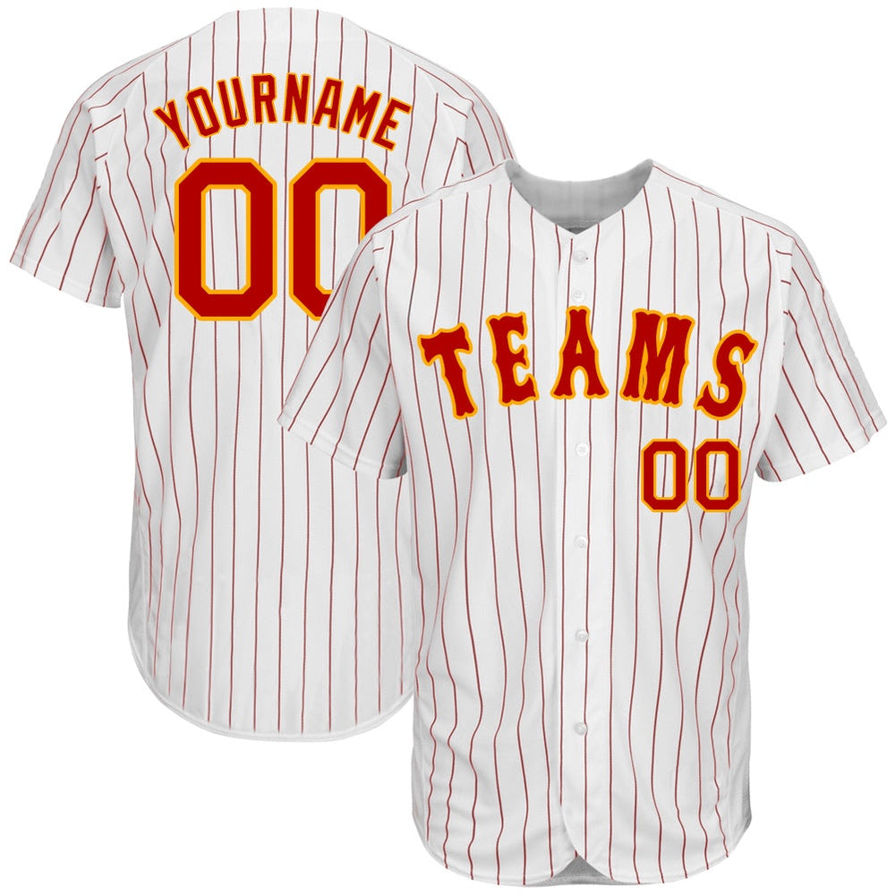 Cool Baseball Jersey, Custom White Red Pinstripe Red Gold Authentic Baseball Jersey, Best Baseball Jerseys