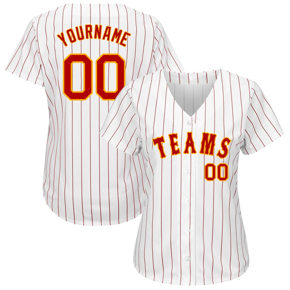 Cool Baseball Jersey, Custom White Red Pinstripe Red Gold Authentic Baseball Jersey, Best Baseball Jerseys