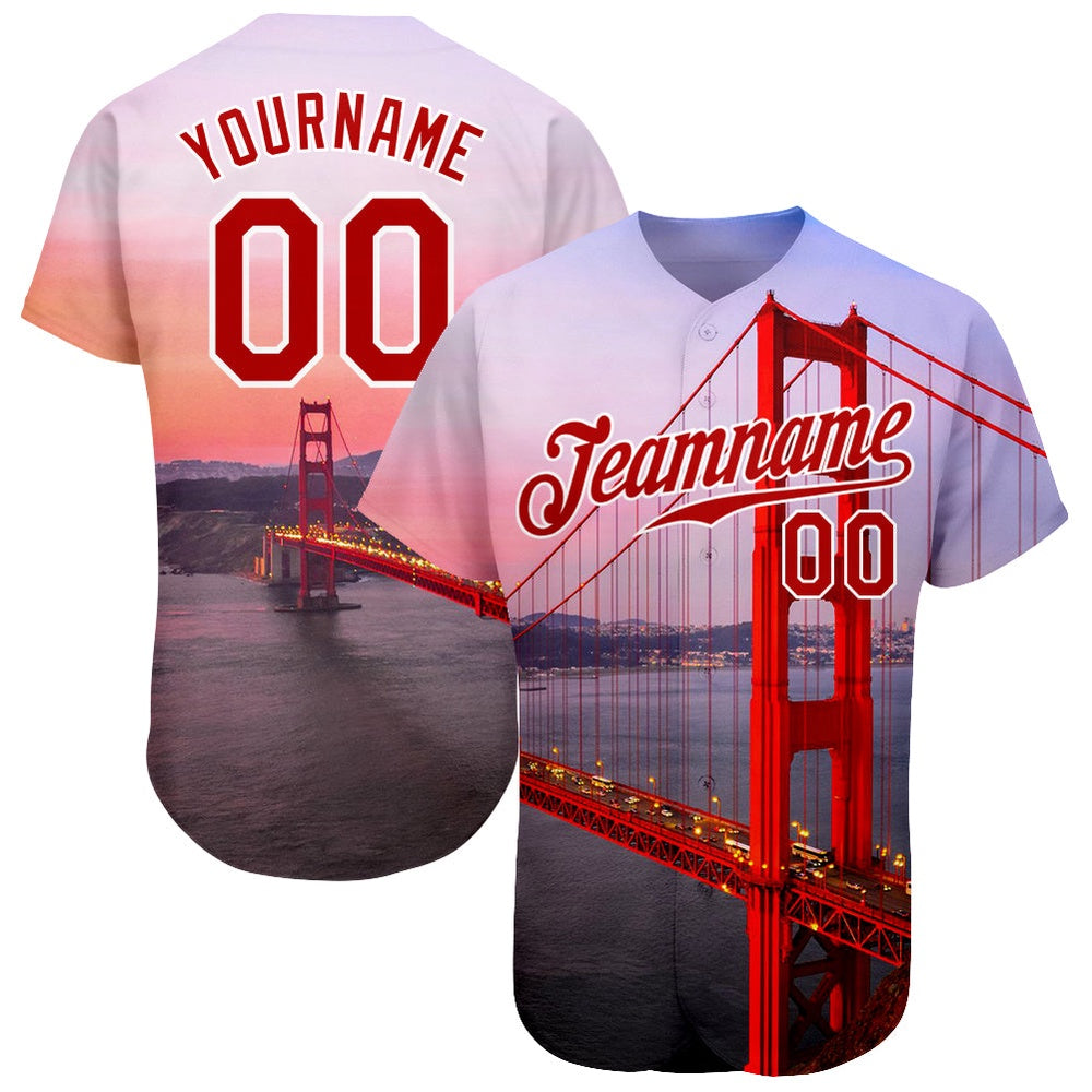 Cool Baseball Jersey, Custom White Red White 3D Pattern Design Golden Gate Bridge Authentic Baseball Jersey, Best Baseball Jerseys