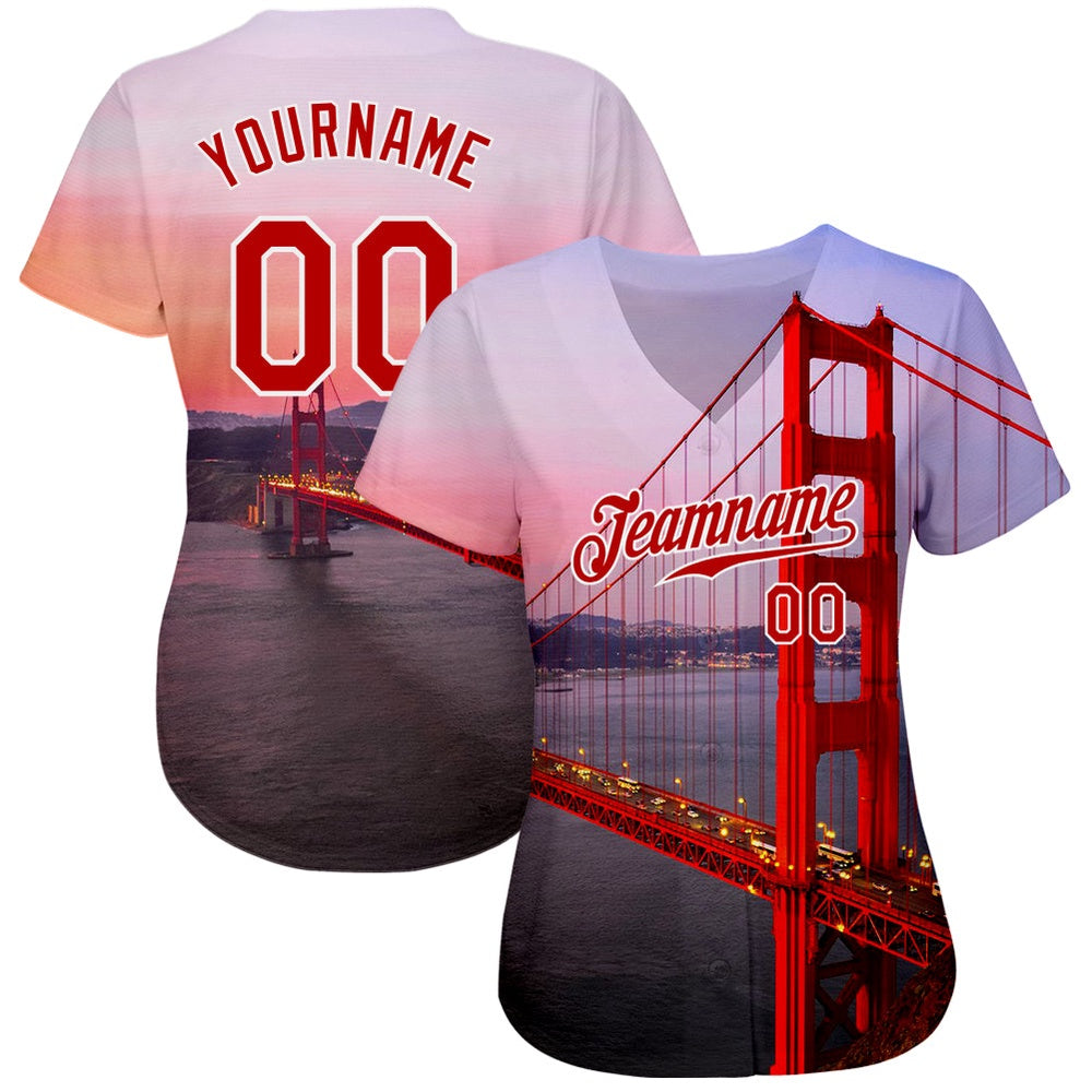 Cool Baseball Jersey, Custom White Red White 3D Pattern Design Golden Gate Bridge Authentic Baseball Jersey, Best Baseball Jerseys