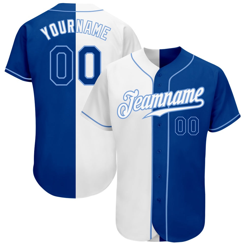 Cool Baseball Jersey, Custom White Royal Light Blue Authentic Split Fashion Baseball Jersey, Best Baseball Jerseys