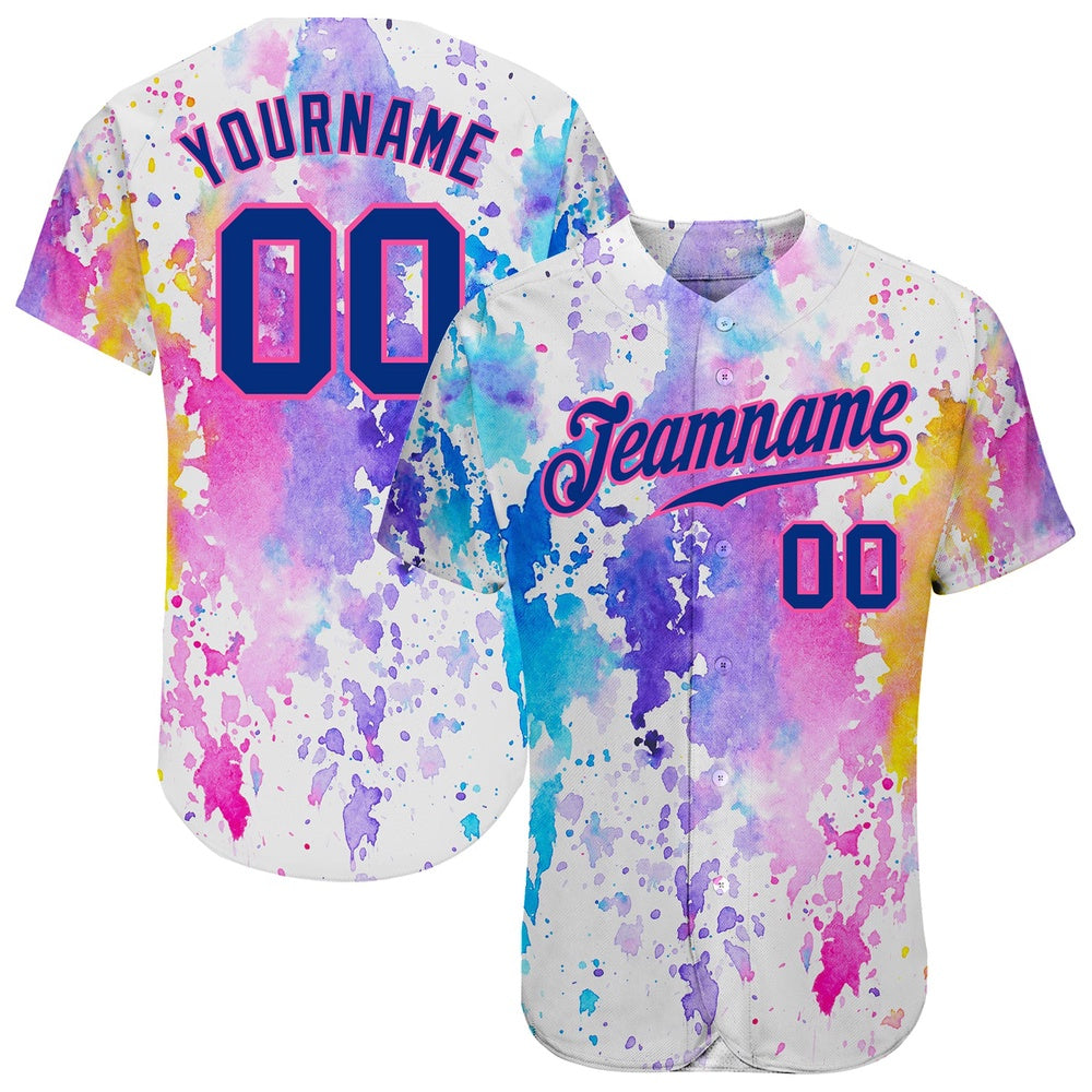 Cool Baseball Jersey, Custom White Royal Pink 3D Pattern Design Watercolor Authentic Baseball Jersey, Best Baseball Jerseys
