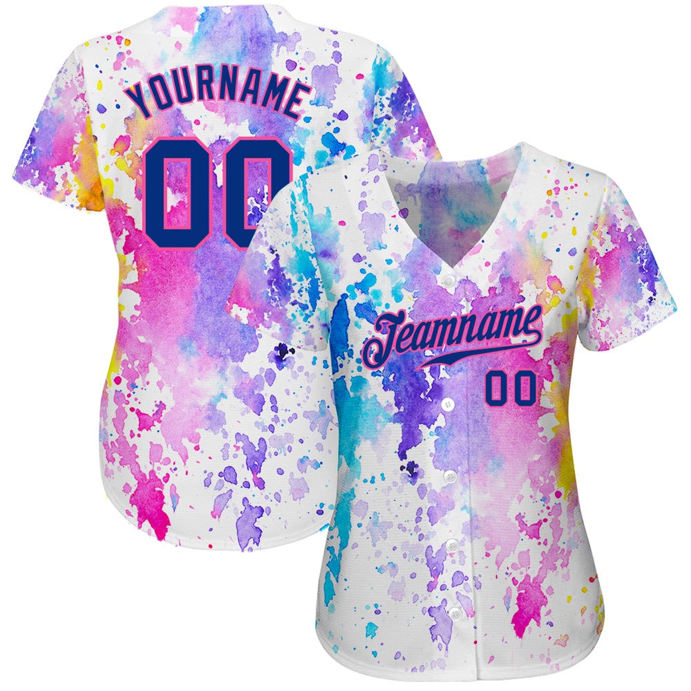 Cool Baseball Jersey, Custom White Royal Pink 3D Pattern Design Watercolor Authentic Baseball Jersey, Best Baseball Jerseys