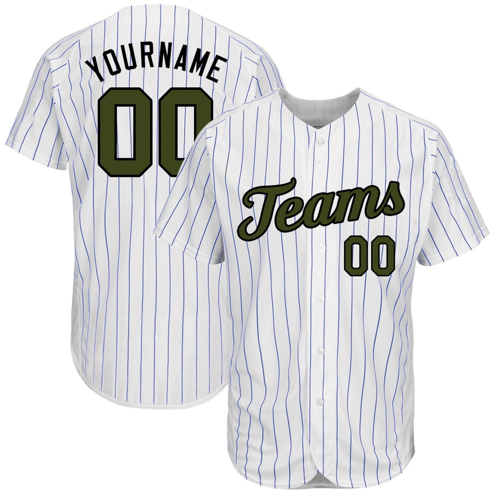 Cool Baseball Jersey, Custom White Royal Pinstripe Olive Black Authentic Memorial Day Baseball Jersey, Best Baseball Jerseys