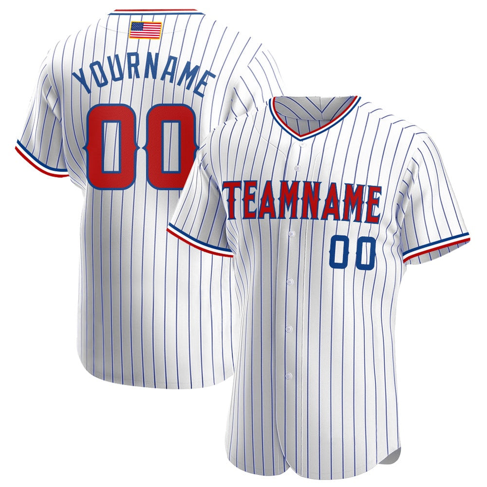 Cool Baseball Jersey, Custom White Royal Pinstripe Red Royal Authentic American Flag Fashion Baseball Jersey, Best Baseball Jerseys