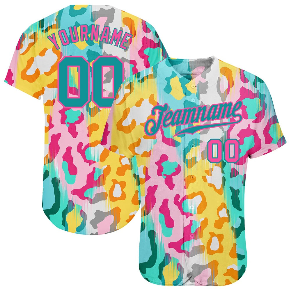 Cool Baseball Jersey, Custom White Teal Pink 3D Pattern Design Leopard Authentic Baseball Jersey, Best Baseball Jerseys