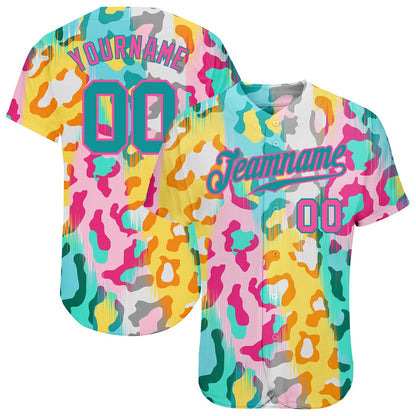 Cool Baseball Jersey, Custom White Teal Pink 3D Pattern Design Leopard Authentic Baseball Jersey, Best Baseball Jerseys